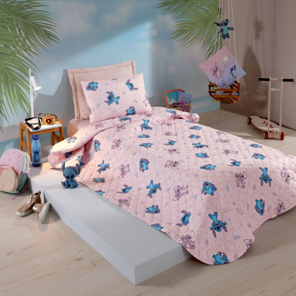 Cobre Leito Hedrons Solteiro (160x235) Disney Stitch Love Rotativo